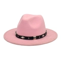 Detail of pink wool fedora hat featuring a black leather band with silver metal studs - M (56-58cm) / Pink