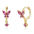 Elegant gold butterfly earrings with sparkling pink marquise and round crystals - Gold-Red Rhinestone