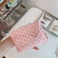 Detailed view of floral cotton pouch with red bow patterns and pearl trim details - Rose Pink Fine Bow
