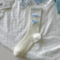 Ballet-style cream knit socks with light blue checkered ribbon bows and ribbed texture - One Size / Gingham Cream