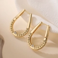 Minimalist gold plated U-shaped earrings with bead texture and sparkling round zircon stone - Style 44989 U-Shape Beaded Single Zircon Gold