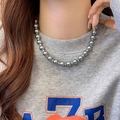 Elegant grey pearl necklace with silver beads worn on a model for a chic look - 23# Necklace - 10mm Grey Pearl Style