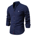 Chemise en lin bleu foncé pour hommes avec col officier et broderie à manches longues - XS / Bleu Marine (Style 71)