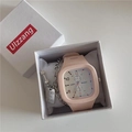 Pink square quartz watch for girls with a silver motivational dumbbell bracelet set - Watch Only / Pink Strap White Face