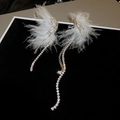 Vista macro de pendientes de plumas blancas con cadenas de diamantes de imitación brillantes - Pendientes largos de plumas asimétricas en color plata