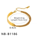 Detalle de pulsera de acero inoxidable bañada en oro de 18K con medidas 15cm más 5cm extensión - Cadena Fina de Varias Hebras con Placa de Metal Curvada (NB-B1186)
