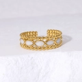 French retro 18K gold plated stainless steel open ring with white enamel leaf inlays - Adjustable / Pearl White