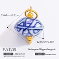Blue and white floral stainless steel pendant with gold ring for DIY jewelry making - Flat Round Blue and White Porcelain Style (PJ91538)