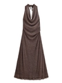 Vooraanzicht van metallic bronzen halterjurk met gedrapeerde halslijn en glinsterende stof - XS / koffiekleur