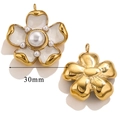 Detailed 30mm flower pendant charm with white enamel and pearl in golden finish - White