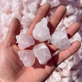 Natural pink rose quartz raw crystals in hand for aromatherapy and landscaping - Rose Quartz