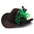 Detail of dark brown felt fedora featuring elegant green silk flower and feather accents - M (56-58cm) Adjustable / 01 Coffee