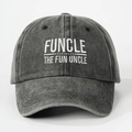 Detail of white FUNCLE embroidery on a dark gray washed vintage cotton baseball cap - One Size / Black