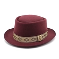 Classic burgundy wool pork pie hat with a decorative bohemian embroidered ribbon band - M (56-58cm) / Burgundy