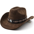 Cappello da cowboy in pelle scamosciata marrone scuro con fascia etnica e turchese - M (56-58cm) / caffè