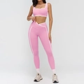 Pink yoga set with square neck top and V-cross leggings with white contrast trim - S / Square Neck Bra & Leggings Set / Sakura Pink