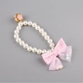 Elastic pearl pet collar with pink plaid bow and gold bell for cats and small dogs - One Size / Pearl Pink Bow