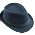 Classic navy blue wool fedora hat with black ribbon band and decorative brim stitching - One Size 58cm Circumference / Dark Navy - Black Ribbon