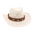 Beige woven straw cowboy hat with bohemian patterned band and silver sequin charms - White (Silver Coin Decor)