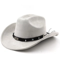 Détail d'un chapeau de cowboy en daim gris avec ruban ethnique brodé et perles de turquoise - M (56-58cm) / Gris clair