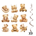 Set Baby Shower con 9 ositos de acuarela y decoración en espiral marrón para fiesta - Espirales Colgantes de Oso (Y-00566-3)