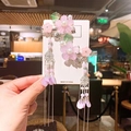 Pink floral bow tassel hair clip with pearls for girls' traditional Hanfu costume hair accessory - 448-26 Green Spring Breeze Purple Pair Clips