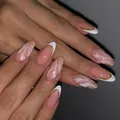 Macro detail of nude almond nails with white French tips and golden marble glitter accents - Bz1587 Pearls Shine / Glue Type