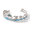 Detail of ocean-themed silver bangle with palm tree and blue enamel wave charms - Silver Blue Ocean Enamel Bracelet (HC-B20288-S)