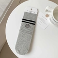 Japanese style grey mid-calf cotton socks featuring black stripes and smiley embroidery - Double Stripe Smile Style (lm) / Light Gray