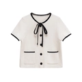Eleganter cremefarbener Strick mit schwarzem Saum, Schleife und Knopfdetails - S / Weiß