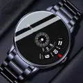 Men's black stainless steel watch with unique rotating disc time display and red markers - New Concept Disk Type / Black Strap Black Dial