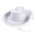 White felt cowboy hat with silver tinsel trim and adjustable drawstring for party - White Cowboy Hat With Silver Wire