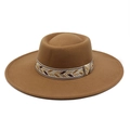 Vintage brown wide brim wool fedora hat with geometric embroidered band for men and women - M (56-58cm) / Khaki