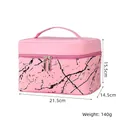Detail view of pink marble PU leather cosmetic bag with size dimensions and dual zippers - X-137 Large Square Pink