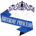 Blue rhinestone birthday crown and glitter sash set with Birthday Princess silver lettering - Dark Blue Set #2