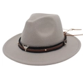 Detail of grey felt hat featuring decorative leather band and silver bull head emblem - Light Gray
