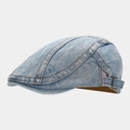 Dettaglio del berretto in denim lavato con fibbia in bronzo e cuciture a contrasto - M (56-58cm) / Azzurro