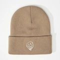 Khaki beanie featuring a white embroidered melting smiley face on a folded knit brim - Khaki