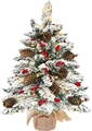 60cm beflockter Mini-Weihnachtsbaum mit LED-Lichtern, Zapfen und Beeren auf Jutesack-Basis - 60cm Beflockter Tannenzapfen Weihnachtsbaum