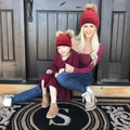 Dark red family knit beanies with faux fur pom-poms in cable knit winter design - Removable Pom Poms - Can Replace Other Balls
