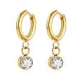 Polished gold stainless steel hoop earrings with hanging round cubic zirconia stones - White Zirconia