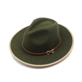 Dark green wide brim fedora hat with brown leather band and tan fabric binding trim - M(56-58cm) / Army Green