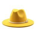 Detail of bright yellow wool fedora hat featuring a white faux leather strap and metal buckle - M (56-58cm) / Yellow