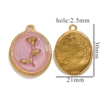 Pink enamel rose relief pendant in gold stainless steel frame with size dimensions - Rose Oval Relief Pendant (Z2375GB) / Pink