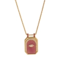 Detailed close-up of golden tarot pendant with evil eye motif and pink enamel finish - Purple Evil Eye