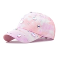 Detailed view of tie-dye baseball cap with sparkling colorful rhinestones and crystals - Adjustable / Sapphire Pink