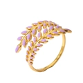 Elegant 18k gold plated open ring with light purple enamel leaves in a wrap design - Adjustable Open / Purple Enamel Leaf