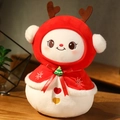 Pluche sneeuwpop pop met rode rendierkap en Merry Christmas lint versiering detail - 16cm / Sneeuwpop