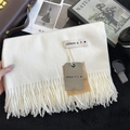 Soft cream white cashmere-feel scarf with elegant fringe trim and designer woven label - 200x68cm / Pure White