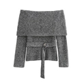 Jersey de punto gris con hombros descubiertos, manga larga y cinturón con hebilla de metal - S / Gris